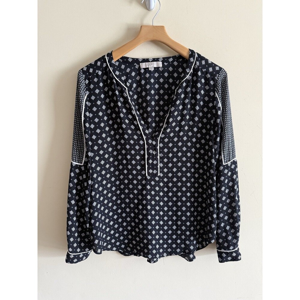 Loft Navy Blue White Elastic Wrist V-Neck Tunic Blouse Top Shirt Size M‎